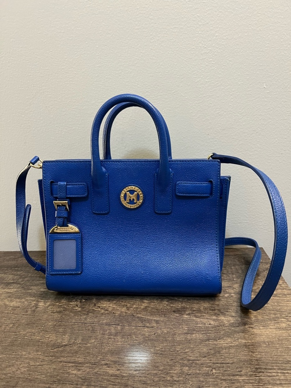Metrocity Cobalt Blue Leather Satchel with silvertone hardware.